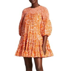 Cinq a Sept Rika Billow Sleeve Smocked Mini Dress Orange Pink Swirls Size 4